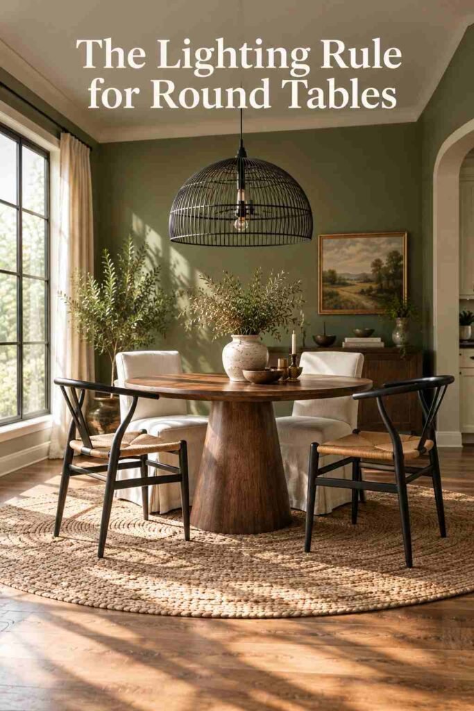 Round Dining Table Ideas to Transform Your Dining Space in 2026 9 Black wire pendant light hanging above a round dining table with soft morning window light.