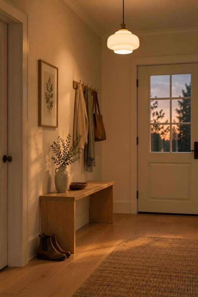 Opal glass pendant light glowing above an oak bench in a Scandinavian entrance hall