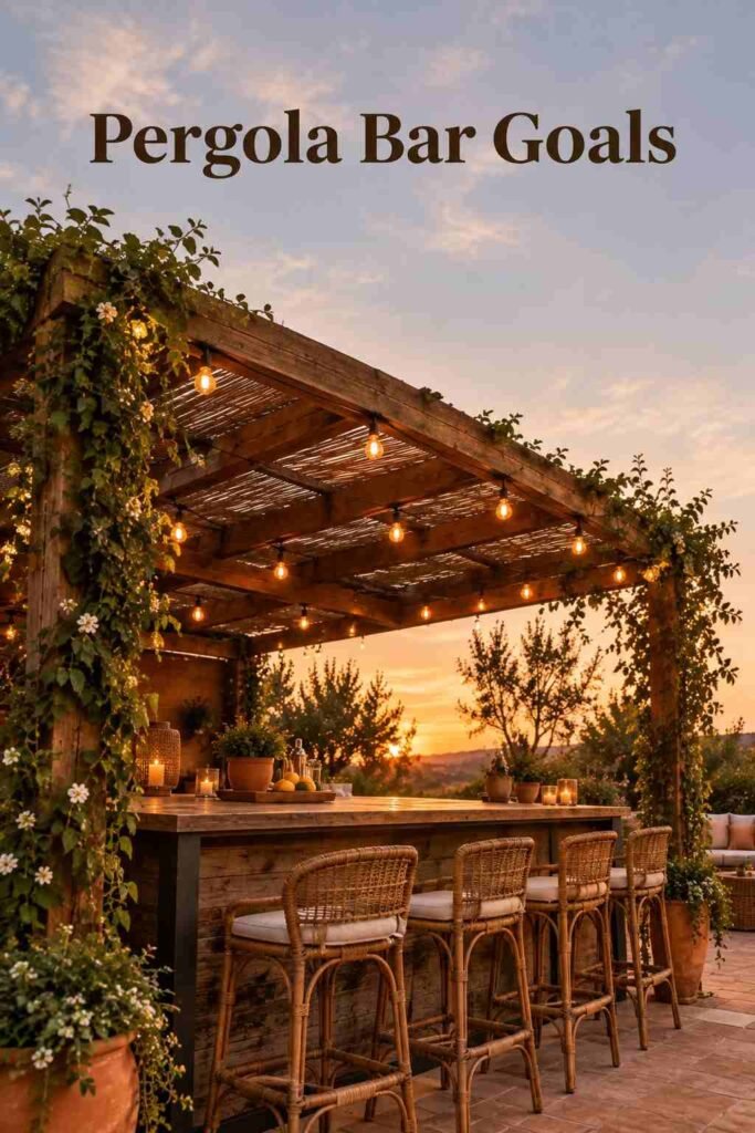 Low-angle view of a wood pergola with string lights against a dusky sky over an outdoor bar