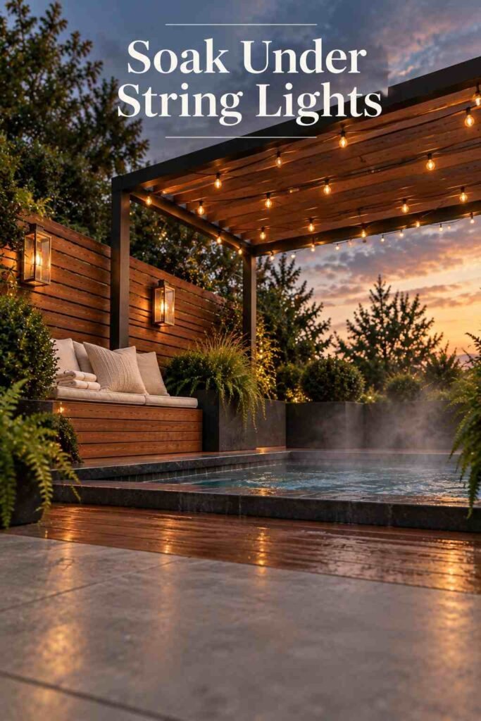 Upward view of a charcoal pergola with cedar rafters and warm string lights over a steaming backyard spa.