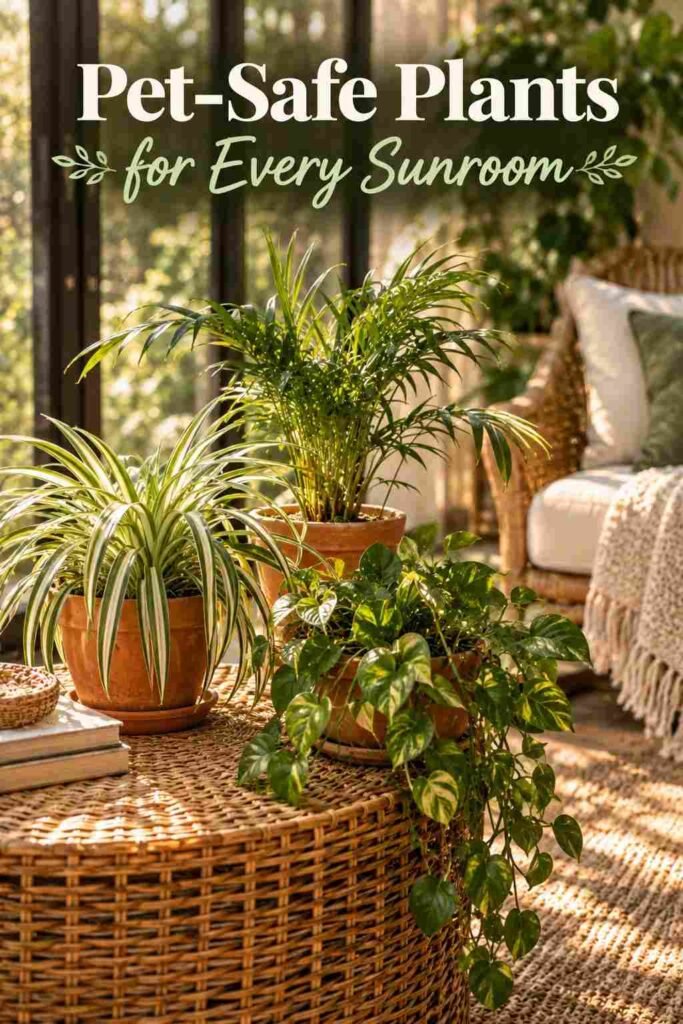 Grouped terracotta pots on a wicker table with a spider plant, areca palm, and trailing pothos.