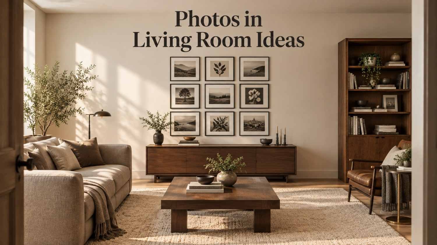 Living room with a nine-frame grid gallery wall in black frames above a walnut console and taupe sofa.
