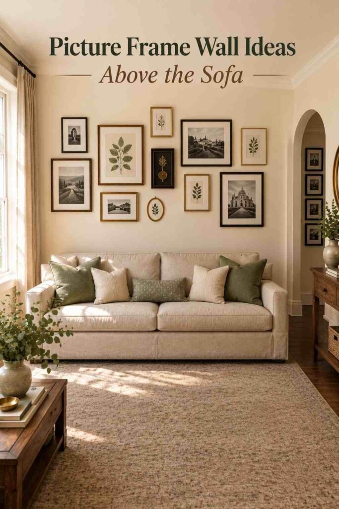 Picture Frame Wall Ideas to Turn Blank Walls Into Personal Stories 6 Mixed-frame gallery hung above an oatmeal linen sofa with sage green pillows, leaving a gap between the sofa back and the lowest frame.