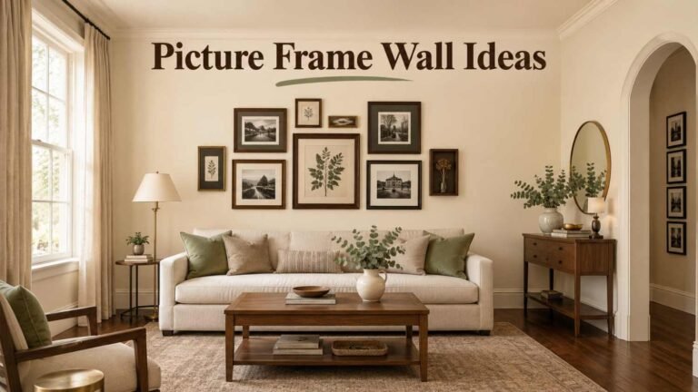 Salon-style picture frame wall above an oatmeal linen sofa in a cream living room with walnut floors.