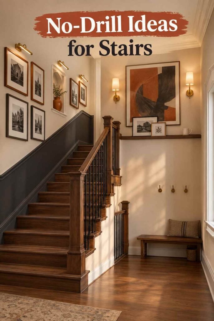 Wall-Going-Downstairs Ideas to Turn Your Staircase Into a Showpiece 13 Narrow picture ledge on a staircase landing holding small leaning frames and a ceramic mug beside a glowing brass sconce.