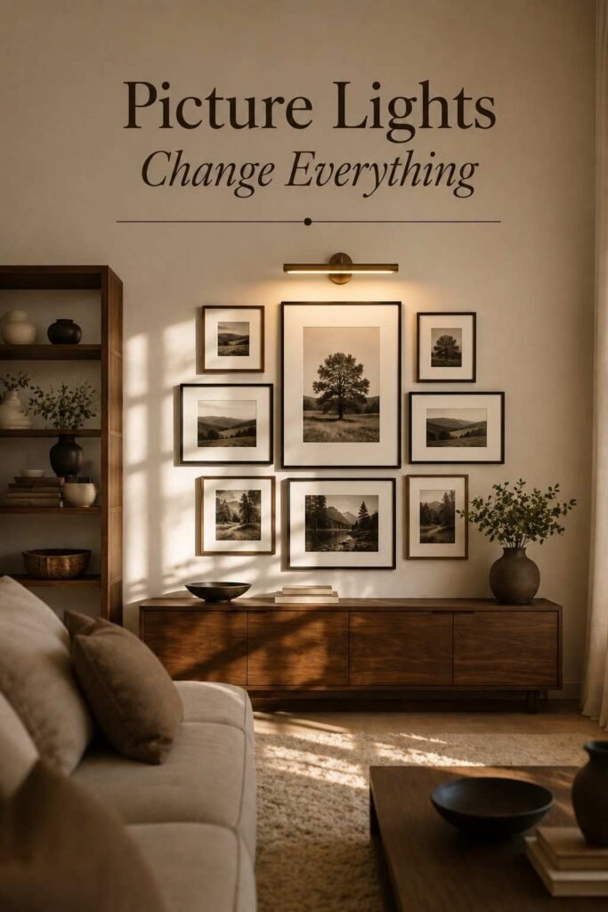 Small brass picture light mounted above a black frame gallery wall casting warm downward light.