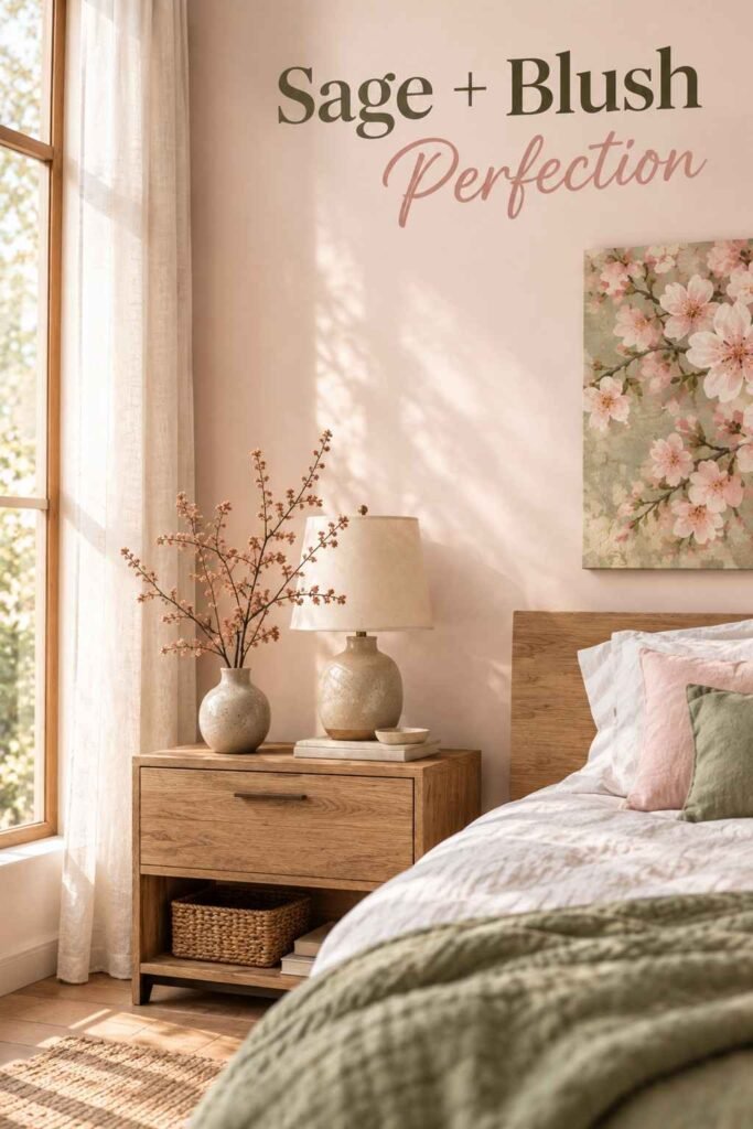 Oak nightstand with a small ceramic vase and dried branch beside a pink cherry blossom wall art corner.
