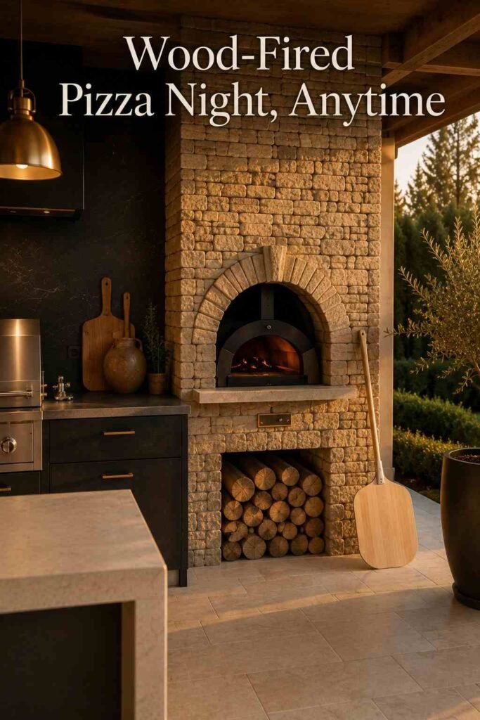 Luxury Outdoor Kitchen Ideas That Turn Your Backyard Into a Private Retreat 9 Stacked-stone pizza oven niche with a softly glowing arched opening, split logs and a wooden peel beside a charcoal stone counter.