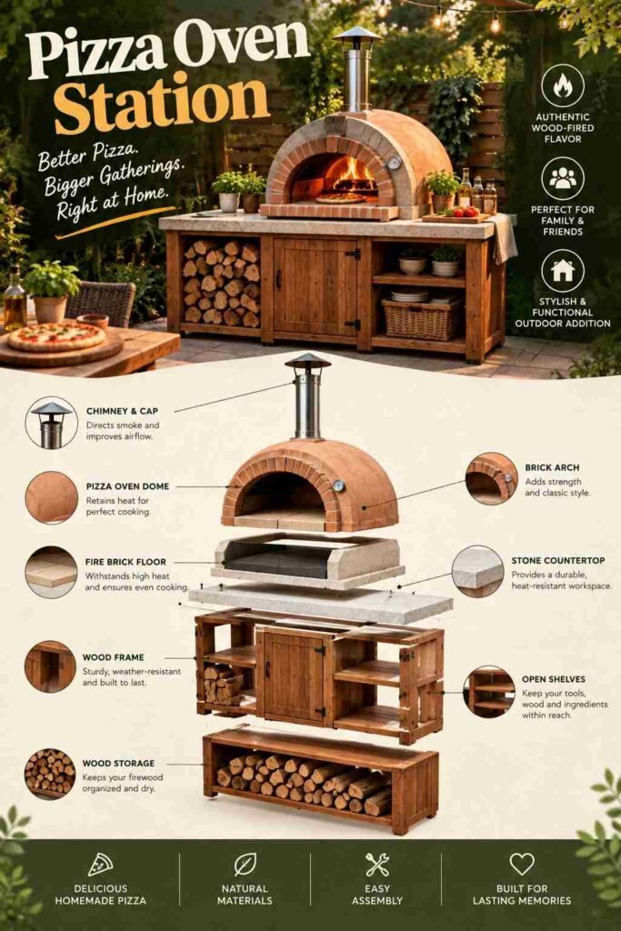 Cozy Outdoor Backyard Ideas to Transform Your Outdoor Space 9 Backyard pizza oven station with a wood-fired oven, stone countertop, wood storage, and outdoor kitchen setup.