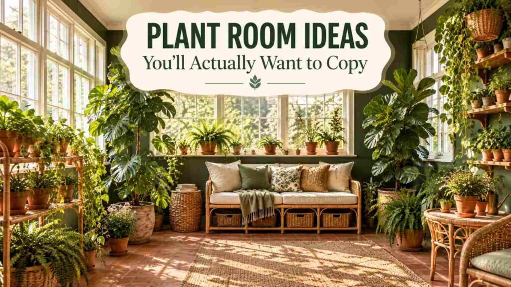 Plant Room Ideas to Build a Thriving Indoor Garden in Any Home 5 Sunroom plant room with terracotta pots, a large monstera, and a rattan bench beneath tall glass windows
