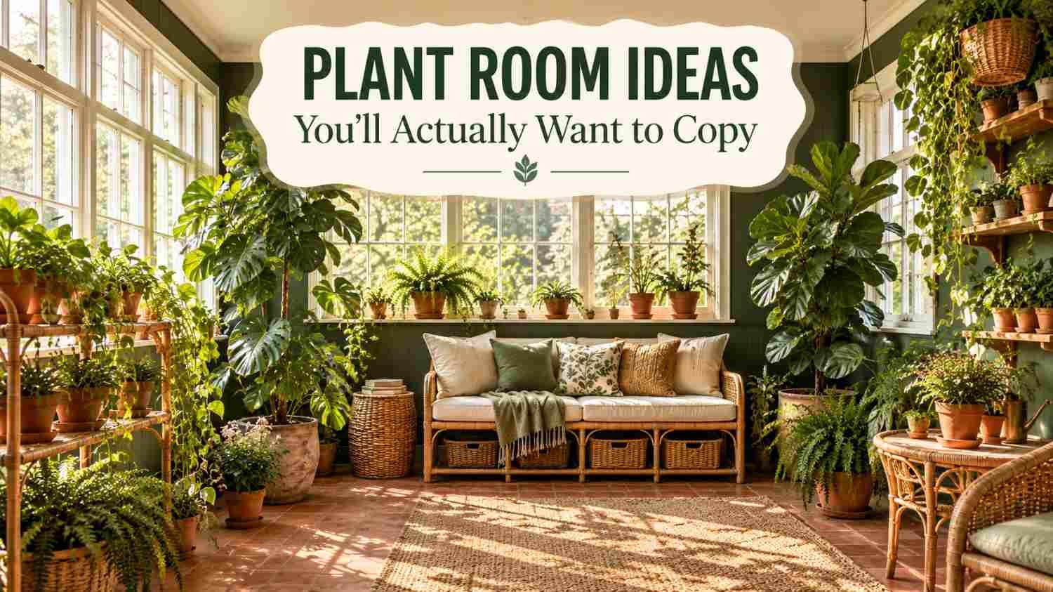 Sunroom plant room with terracotta pots, a large monstera, and a rattan bench beneath tall glass windows