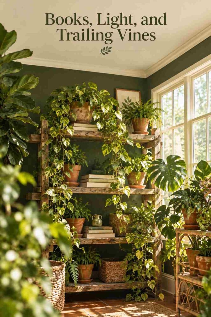 Wooden shelf with trailing pothos and books positioned beside a sunlit window