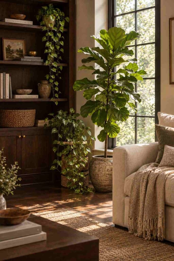 26 Dark Wood Living Room Design Ideas for Walls, Floors & Furniture 19 Fiddle-leaf fig and pothos near a window in a dark wood living room