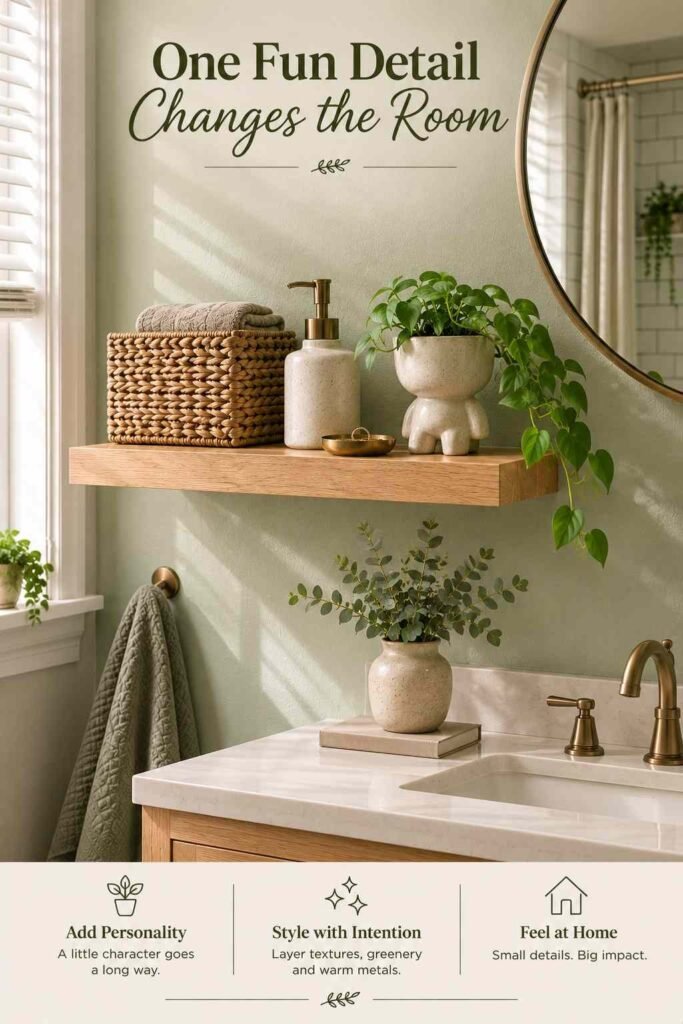 Apartment Bathroom Decor Ideas to Turn a Rental Into a Stylish Retreat 6 Ceramic soap dispenser, brass tray, and sculptural ceramic planter styled on a bathroom shelf.