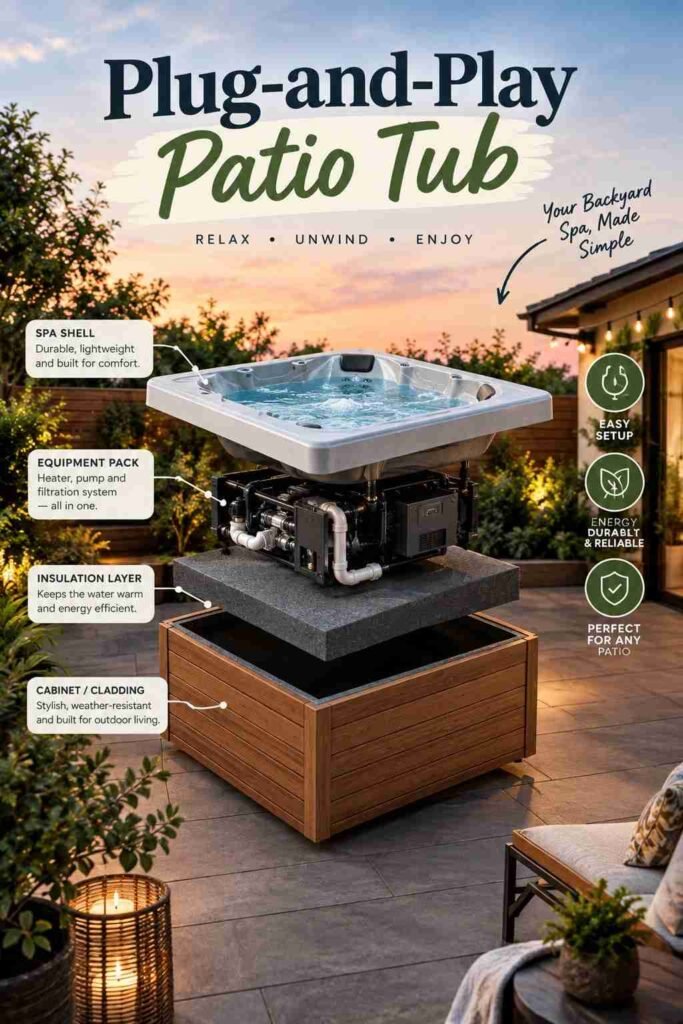 Plug-and-play patio tub shown in an exploded view with spa shell, equipment pack, insulation layer, and outdoor cabinet.
