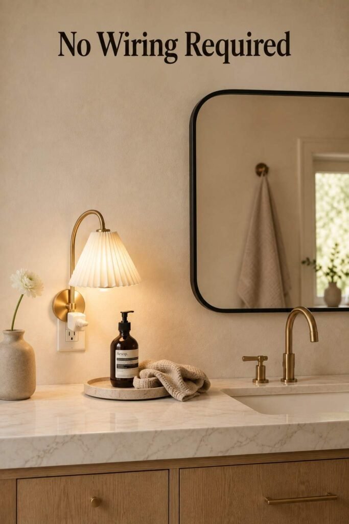 A small plug-in table lamp on a marble bathroom counter beside the sink.