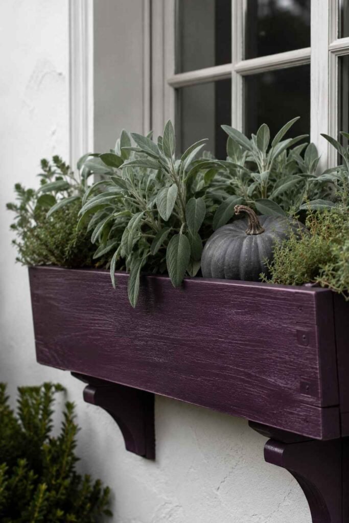 Halloween Window Boxes: Spooky, Elegant & Budget-Friendly Ideas for Every Home 13 Deep plum painted window box filled with neutral fall foliage