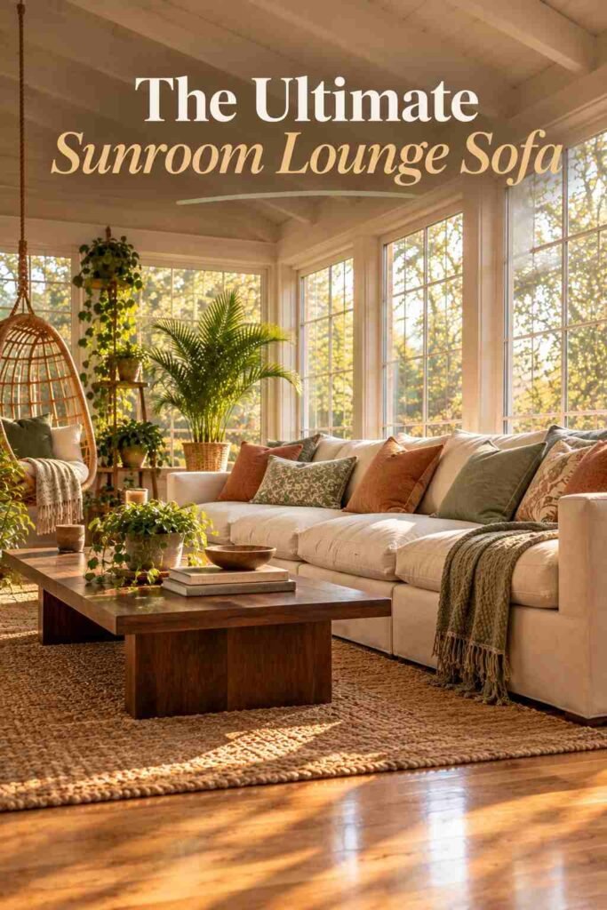 Deep cream overstuffed sofa with terracotta and sage throw pillows in a sunlit sunroom.