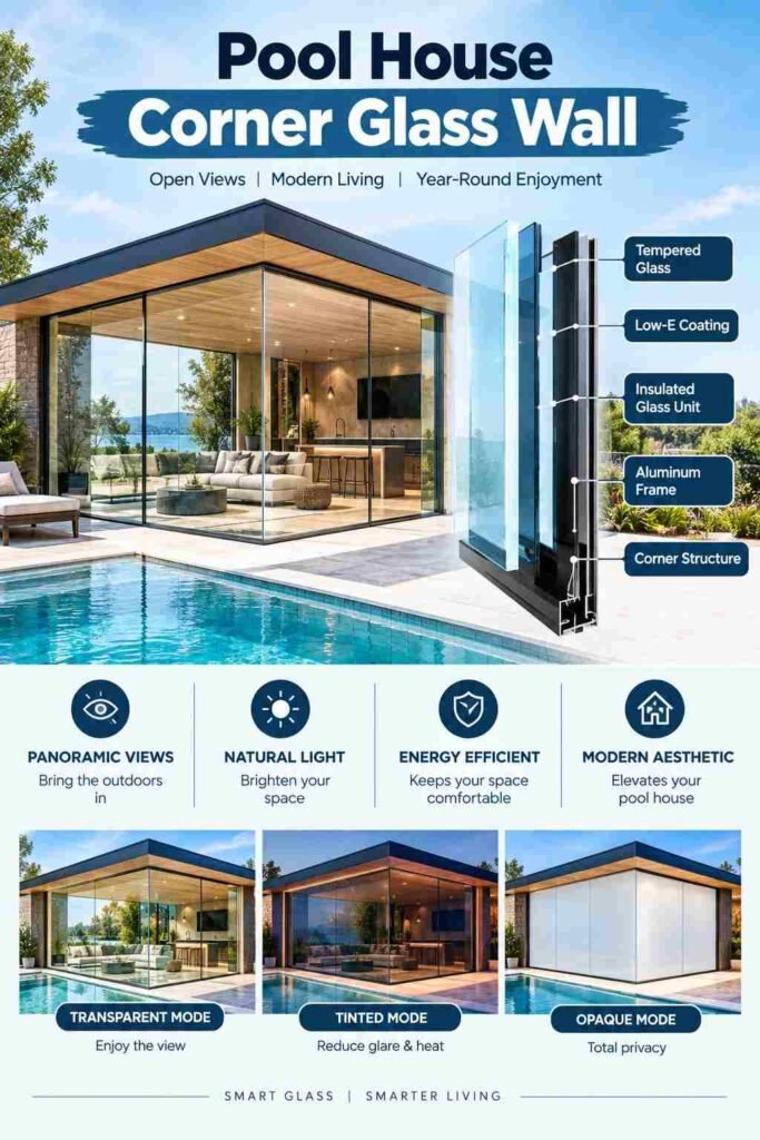 Luxury Corner Glass Wall Ideas to Transform Modern Home Design 9 Modern pool house with a floor-to-ceiling corner glass wall, panoramic views, and transparent, tinted, and opaque glass modes.