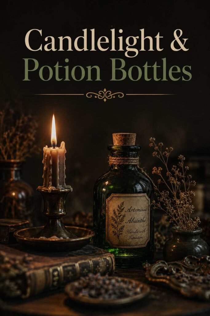 Witch Halloween Decor Ideas to Cast a Spell on Your Home This Halloween 6 A close-up of a lit taper candle beside a labeled glass potion bottle with a faint green glow and a dried botanical sprig.