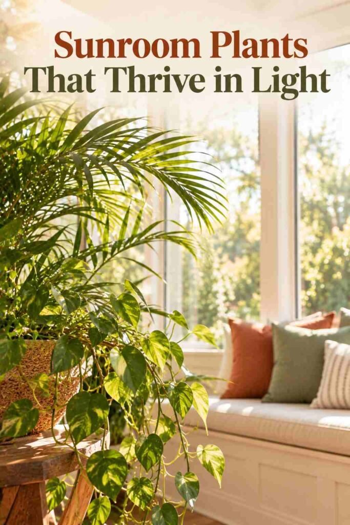 Close-up of a potted palm leaf and trailing pothos vine backlit by sunroom window light.