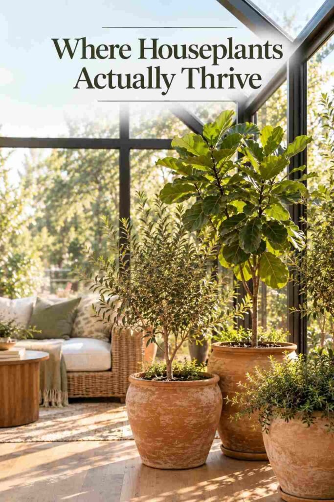 Cluster of potted olive and fiddle-leaf trees in terracotta planters lit by direct sunlight.