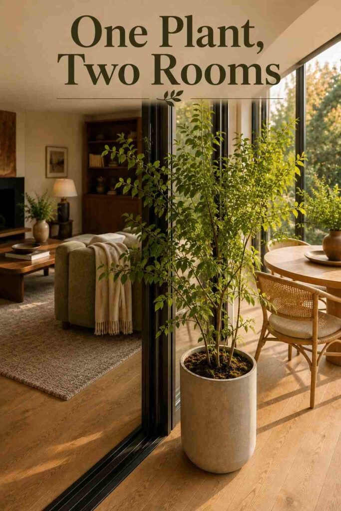 Large potted plant positioned at the threshold between a living room rug and sunroom flooring.