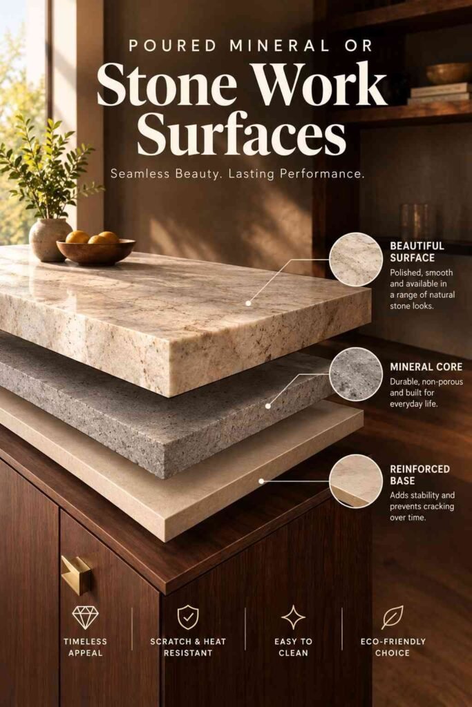 Luxury Home Office Aesthetic Ideas to Build a Refined Workspace at Home 3 Exploded view of a poured mineral or stone work surface showing layered countertop construction and durable materials.