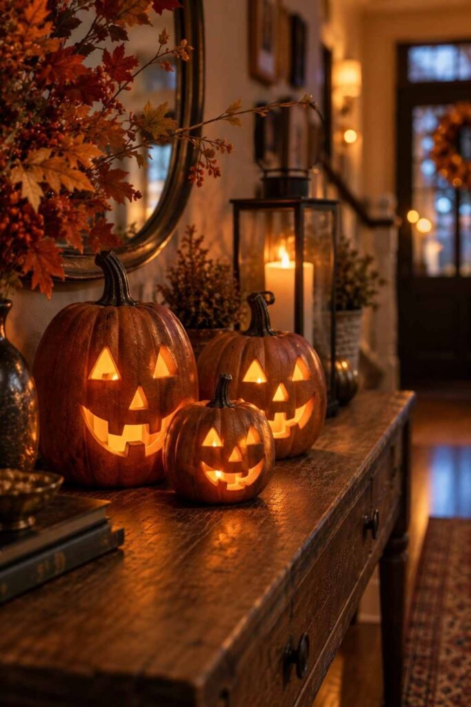 Halloween Decor for Entry Table Ideas to Welcome Guests Spooky, Elegant & Budget-Friendly 4 Glowing jack-o-lantern lanterns as Halloween decor for entry table at night