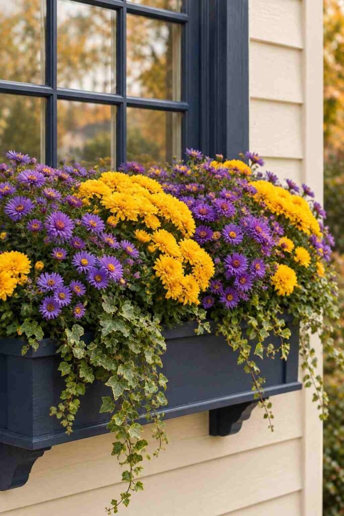 25 stylish Autumn Window Boxes: pansies, violas, heuchera to Make Your Home Glow 8 Purple asters and golden mums in a complementary fall window box