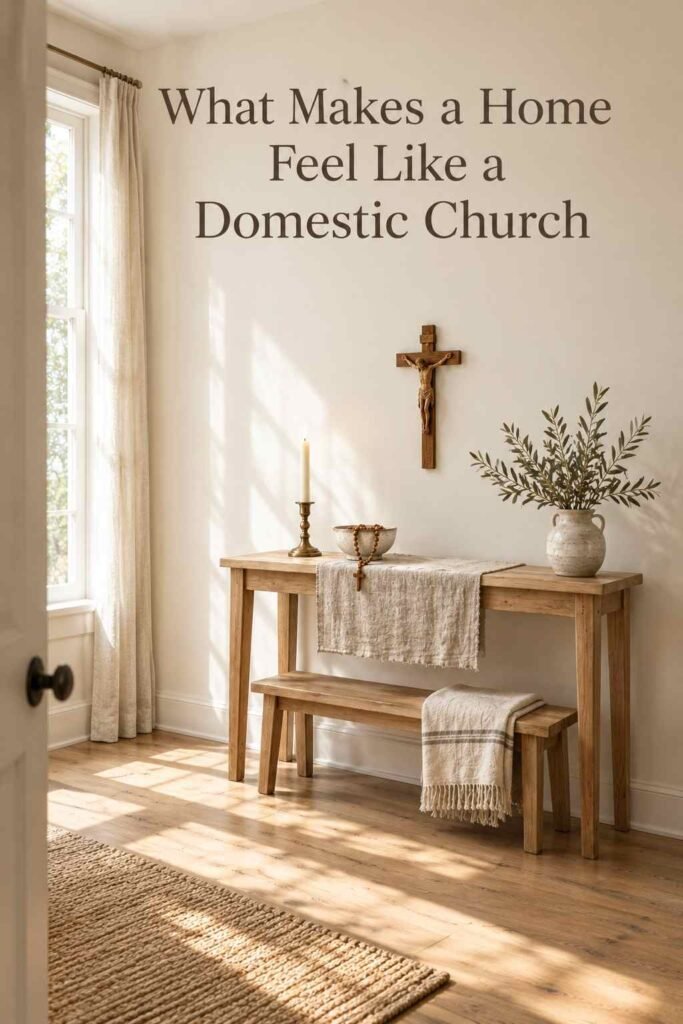 Minimal Catholic Home Decor Ideas for a Peaceful, Faith-Centered Home 2 Ivory living room corner with soft window light, wood console table, and a single carved crucifix above it.