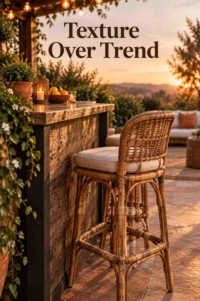Detail of a rattan bar stool beside a reclaimed wood outdoor bar counter.