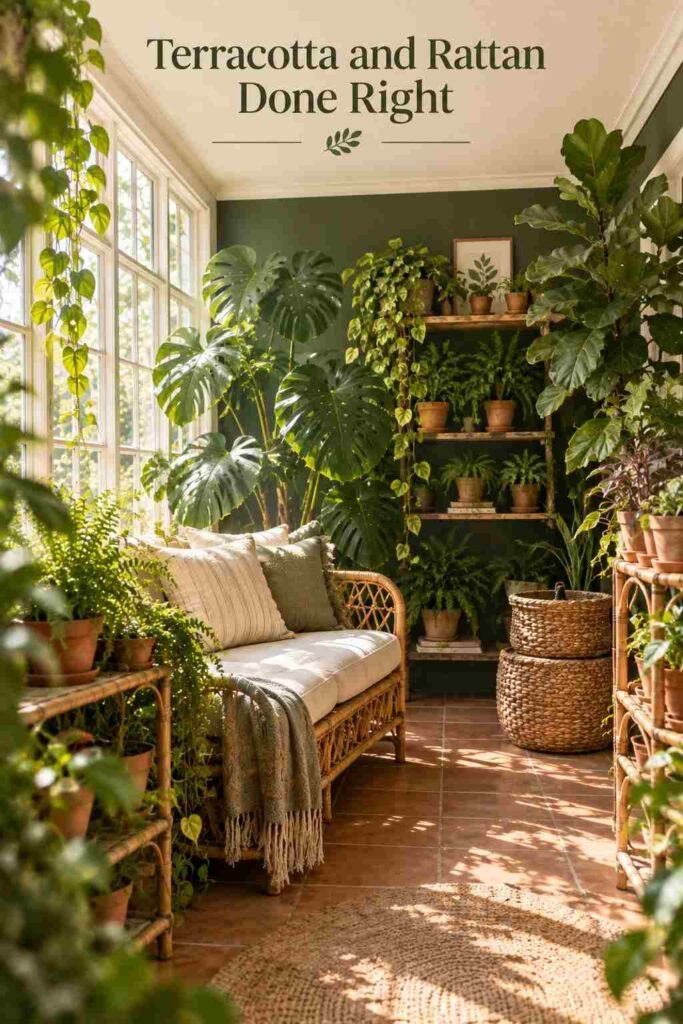 Rattan bench with cream cushions surrounded by terracotta pots and wicker baskets in a plant-filled nook