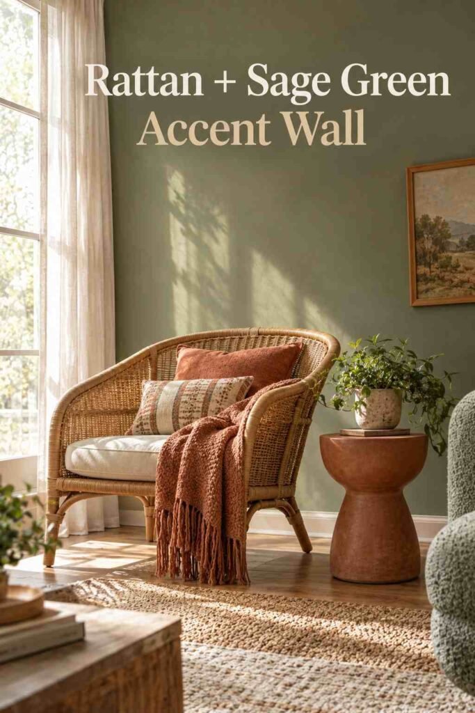 Sage Green and Terracotta Decor Ideas to Transform Every Room in Your Home 9 Rattan lounge chair beside a window with a sage green accent wall and terracotta side table.