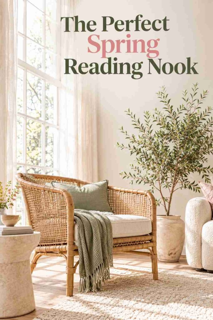 Spring Home Decor Ideas to Refresh Every Room in 2026 4 Rattan accent chair with a sage green cushion beside a sunlit window and a potted olive tree.