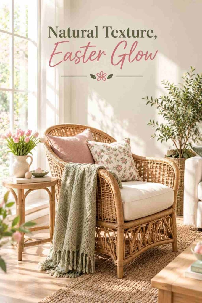 Fresh & Chic Easter Home Decor Ideas to Brighten Every Room This Spring 4 Rattan accent chair beside a sunlit window with a small side table and potted tulips.