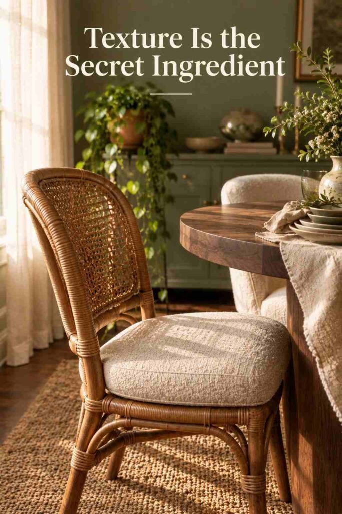 Rattan dining chair with a cream cushion next to a jute rug in a sage green dining room.