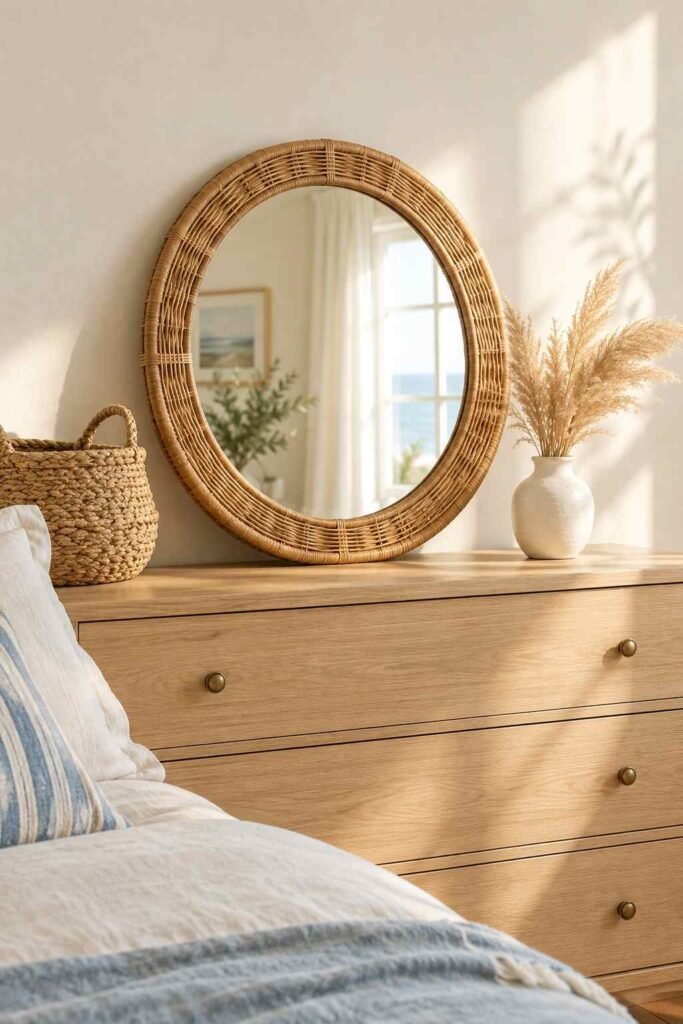 Mirror Table Decor Bedroom: 26 Stylish Ideas for Nightstands, Dressers & Vanities 11 Rattan-framed mirror on a light wood dresser in an airy bedroom