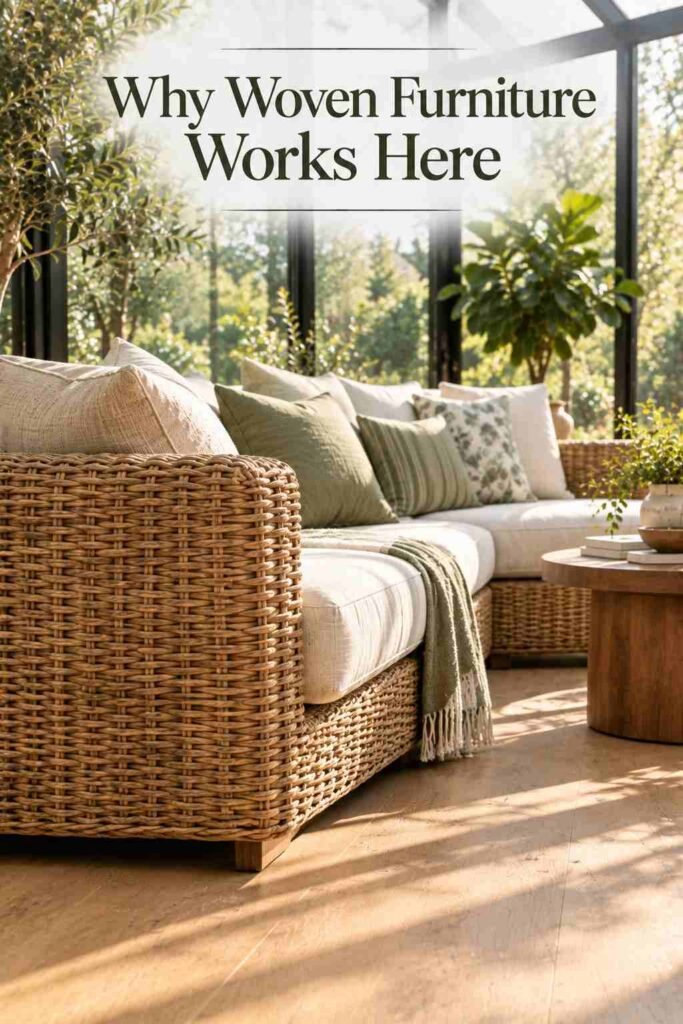Close-up of woven rattan furniture arm with ivory linen cushions in soft natural light.