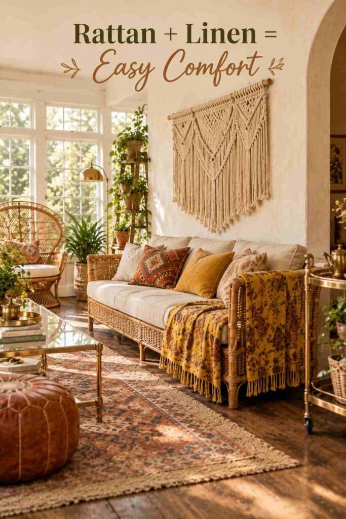 Boho Sunroom Ideas Vintage Lovers Will Adore 2 Rattan sofa with cream cushions, a mustard throw and a macramé wall panel hanging above it.