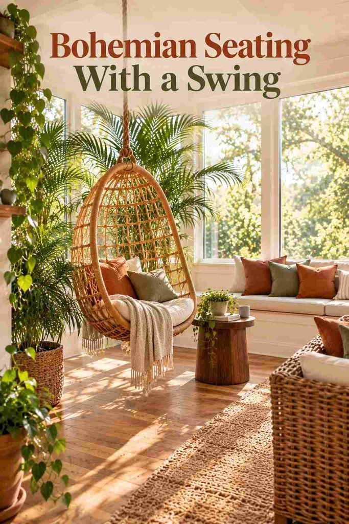 Hanging rattan swing chair surrounded by potted palms and trailing pothos in a bright sunroom corner.
