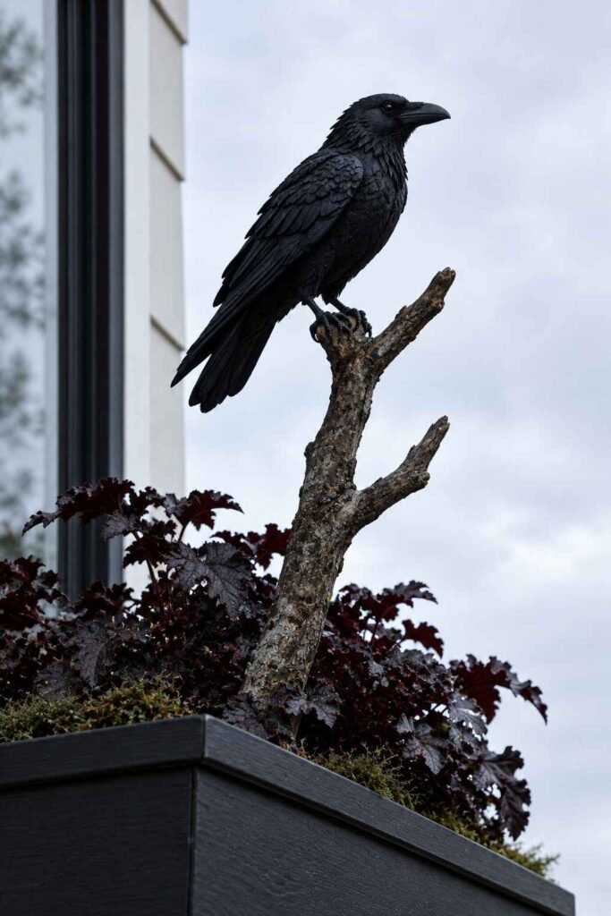 Halloween Window Boxes: Spooky, Elegant & Budget-Friendly Ideas for Every Home 5 Black raven perched above a Halloween window box on a bare branch