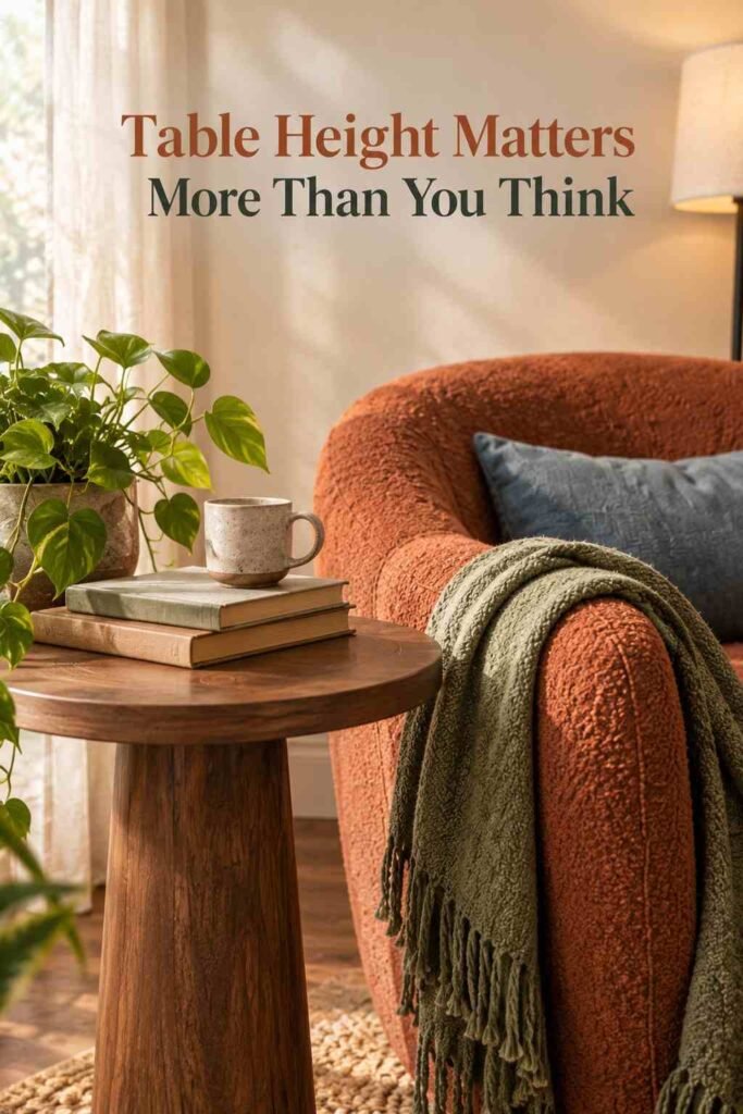 Close-up of a terracotta bouclé chair arm with a sage green throw, beside a walnut side table holding a stoneware mug and a stack of hardcover books.