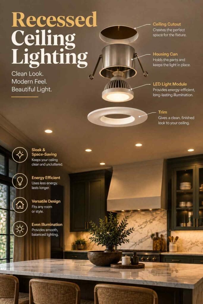 Recessed ceiling lighting in a modern kitchen with warm illumination and a clean, minimalist design.