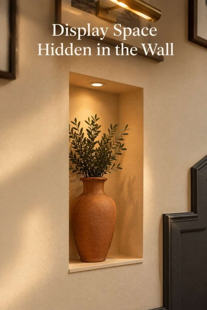 Wall-Going-Downstairs Ideas to Turn Your Staircase Into a Showpiece 11 Recessed plaster niche in a staircase wall holding a matte terracotta vase, lit by warm side light.