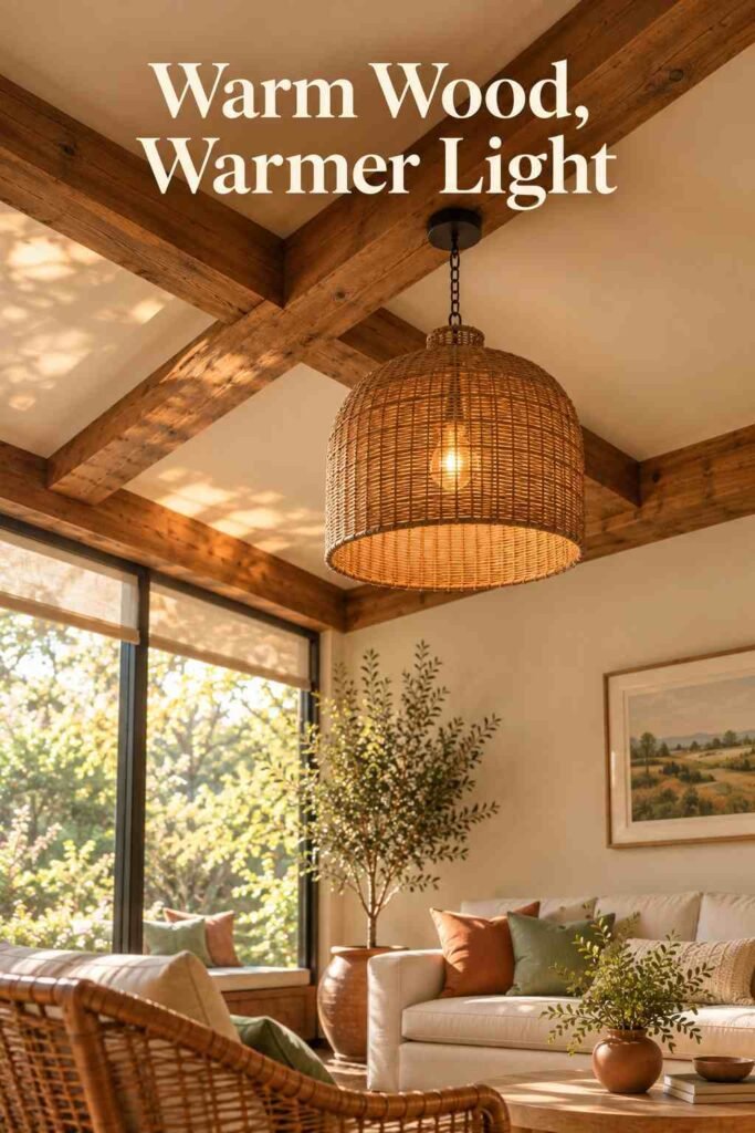 Close-up of reclaimed wood ceiling beams with a hanging pendant light in a sunroom.
