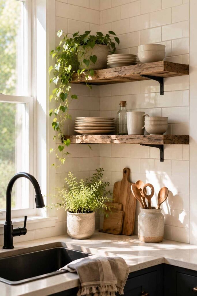 26 Kitchen Open Shelving Ideas for Corners: Styles, Sizes and Layouts 17 Reclaimed wood corner shelf on black metal brackets against white subway tile
