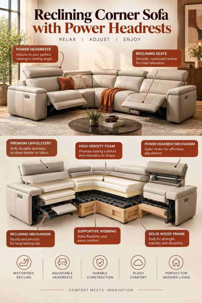 Corner Sofa Designs to Elevate Every Living Room in 2026 9 Reclining corner sofa with power headrests shown in an exploded view with foam cushions, reclining mechanisms, webbing, and wood frame.