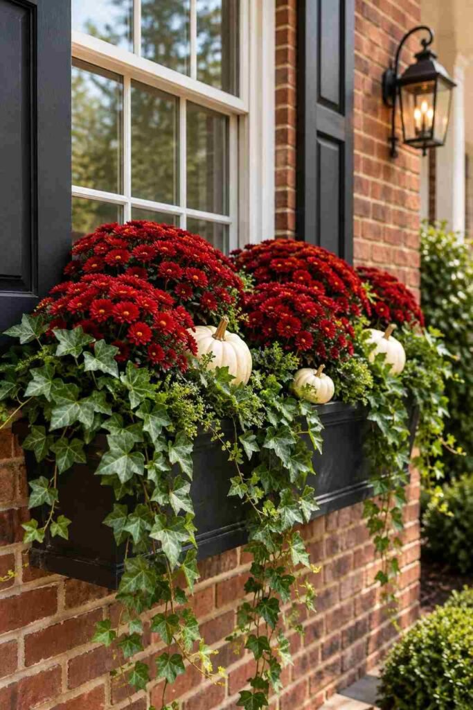 Fall Window Box Ideas to Turn Your Porch Into an Autumn Showstopper 16 Red mums and white pumpkins in a festive fall window box.