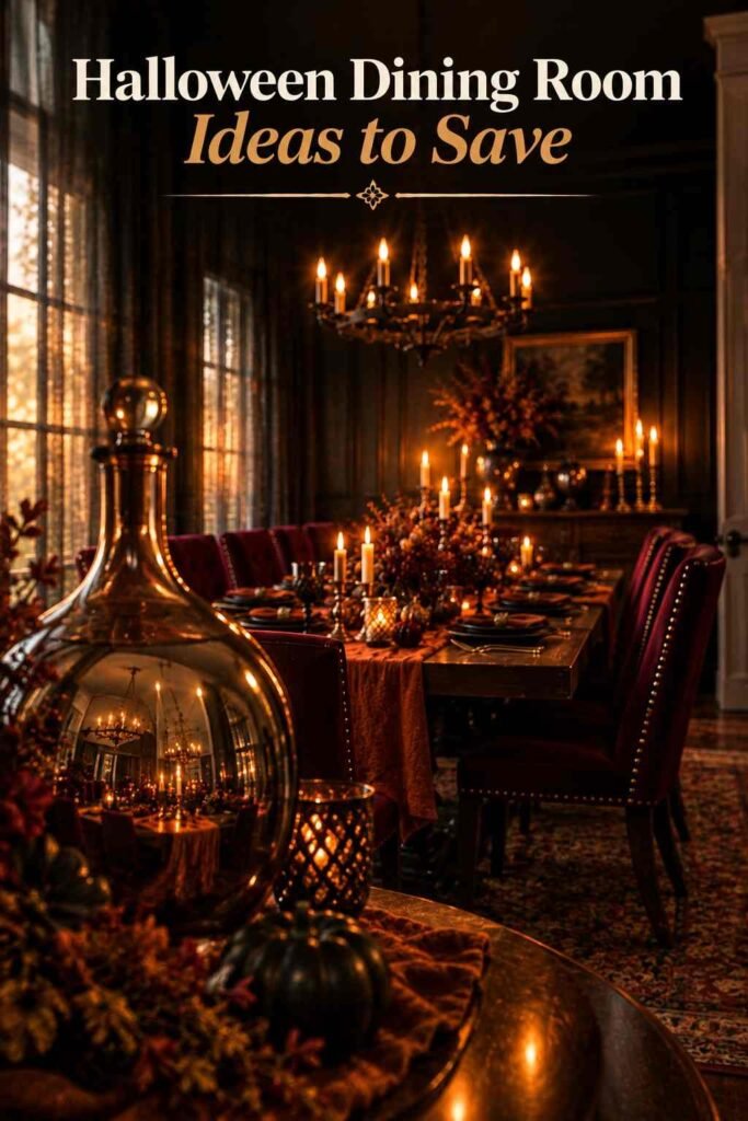 Reflection of a styled Halloween dining table in a glass bottle with the chandelier glowing softly behind it.